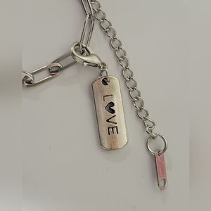 18KWGP STAINLESS STEEL PAPERCLIP SILVER CHARM BRACELET. "LOVE"